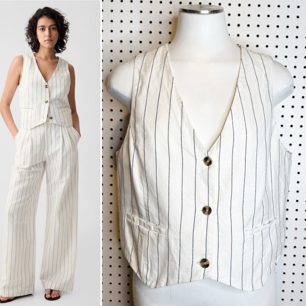 GAP | Linen-Cotton Vest in White And Navy Blue Stripe Sz.‎ Large Petite